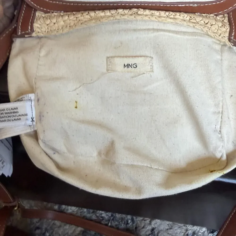MNG Crossbody Bag Womens Small Beige Straw Brown Trim Scalloped Boho Beach